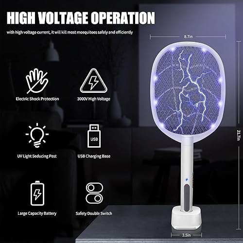 Miniatura 2 de Lulu Home Raqueta eléctrica 2 en 1 para matar insectos, paquete de 2 matamosquitos de mano con luz LED de alto voltaje de 3000 V con malla de