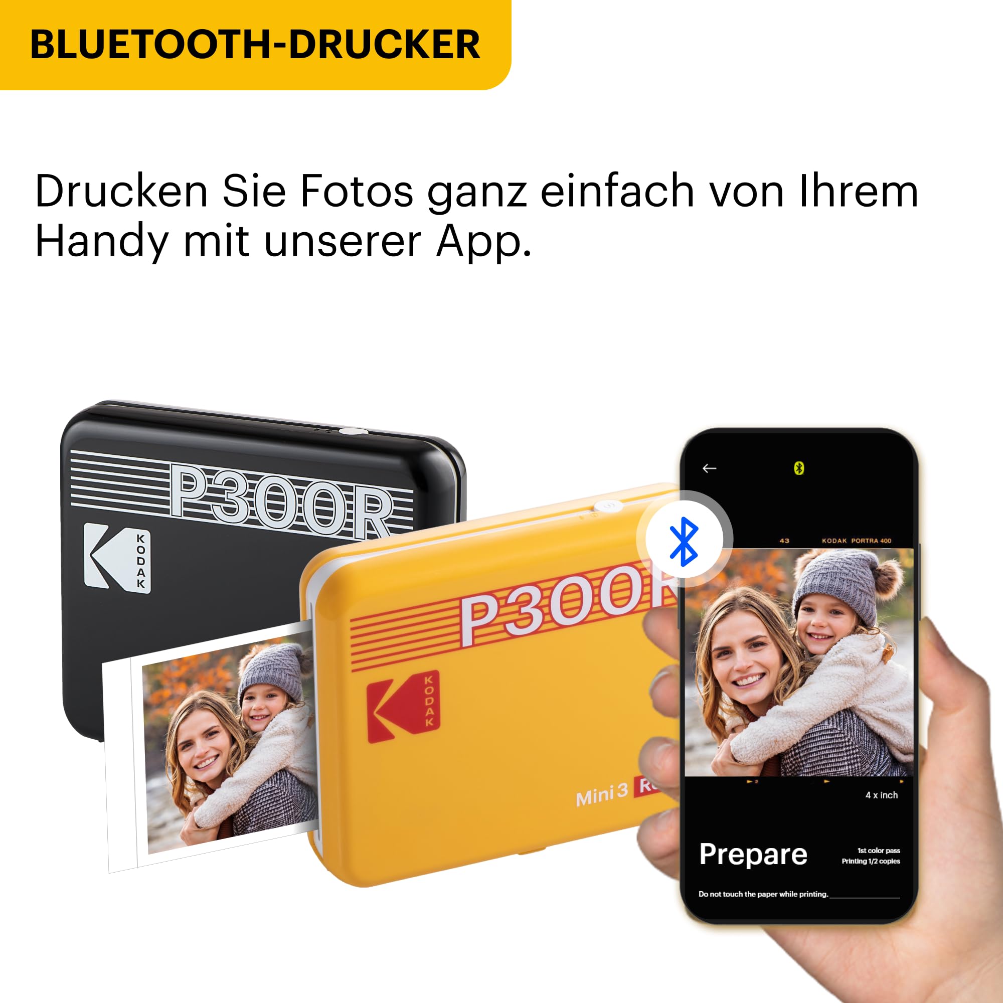 KODAK Mini 3 Retro Tragbarer Fotodrucker, 7,6 x 7,6 cm, Bluetooth, 4PASS-Farbsublimation, Weiß