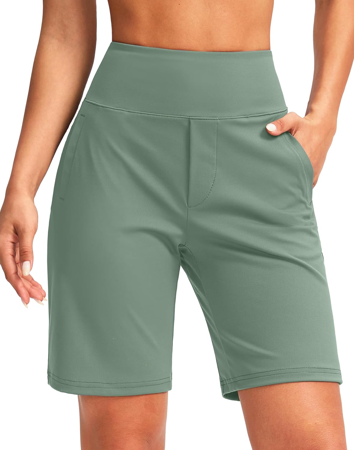 SANTINY Women's 9" High Waisted Bermuda Shorts with 4 Pockets Knee Length Long Shorts for Women Workout Athletic Casual