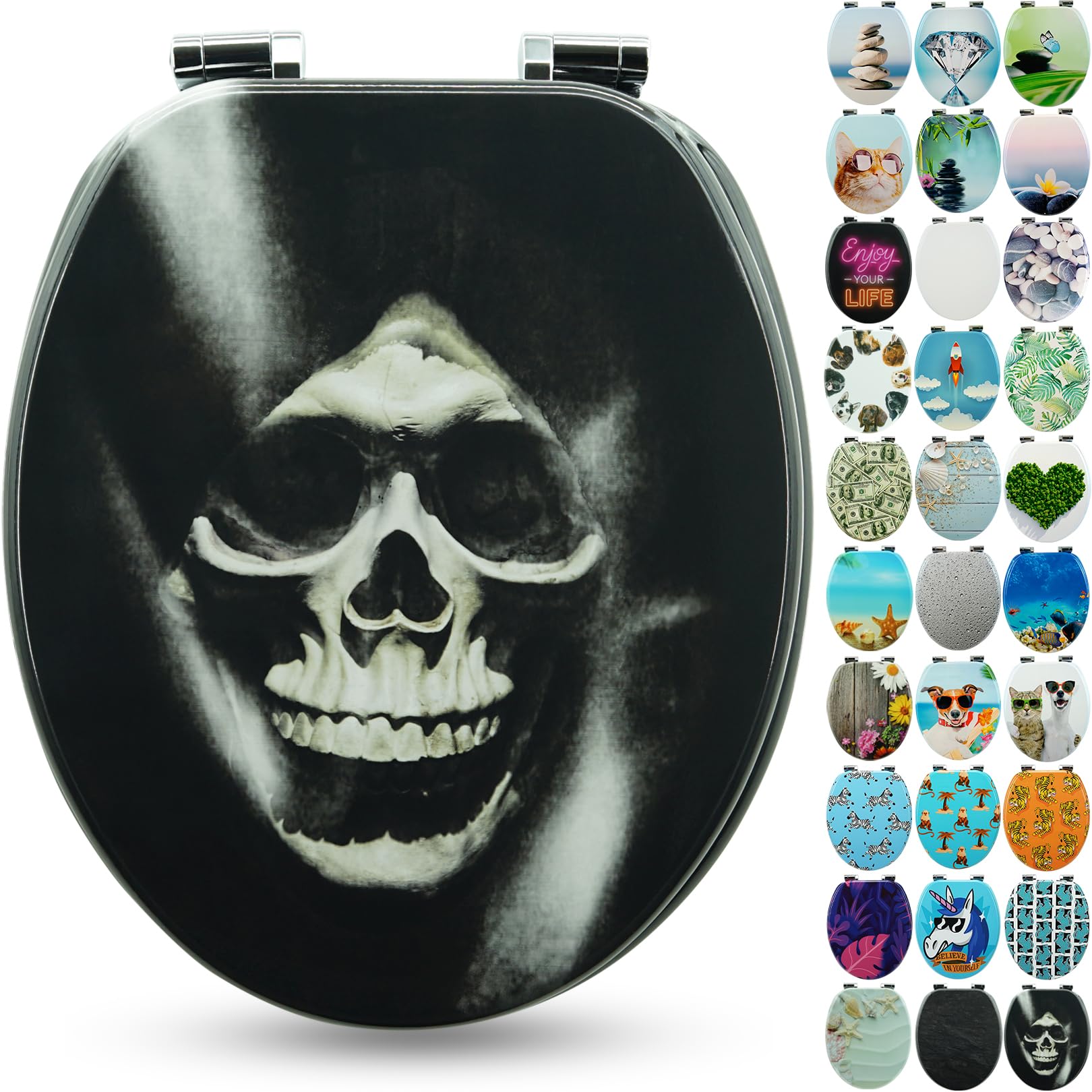 Sanfino® Premium Toilet Seat with Soft Close - Wooden Toilet Lid, Lots of Colourful and Decorative Designs, high Seating Comfort, Easy to Install Including Instructions - "Skull"