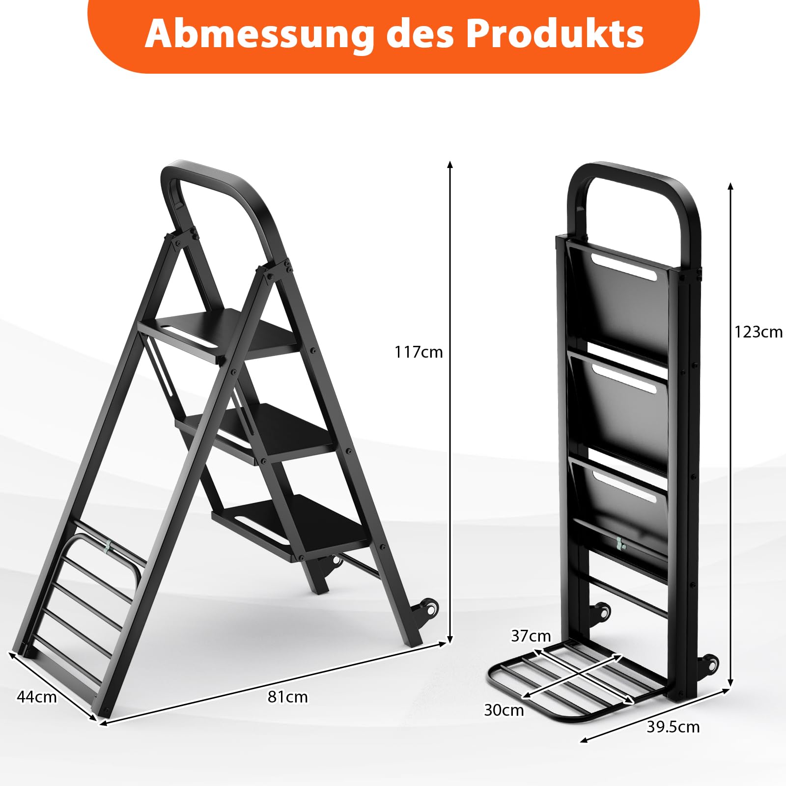 GYMAX 2 in 1 Sackkarre & Leiter klappbar, 3-Stufen Trittleiter aus Metall bis 200kg belastbar, Sackkarre mit Gummirädern, Griff & bis 250kg belastbar, Transportkarre für Garage & Zuhause