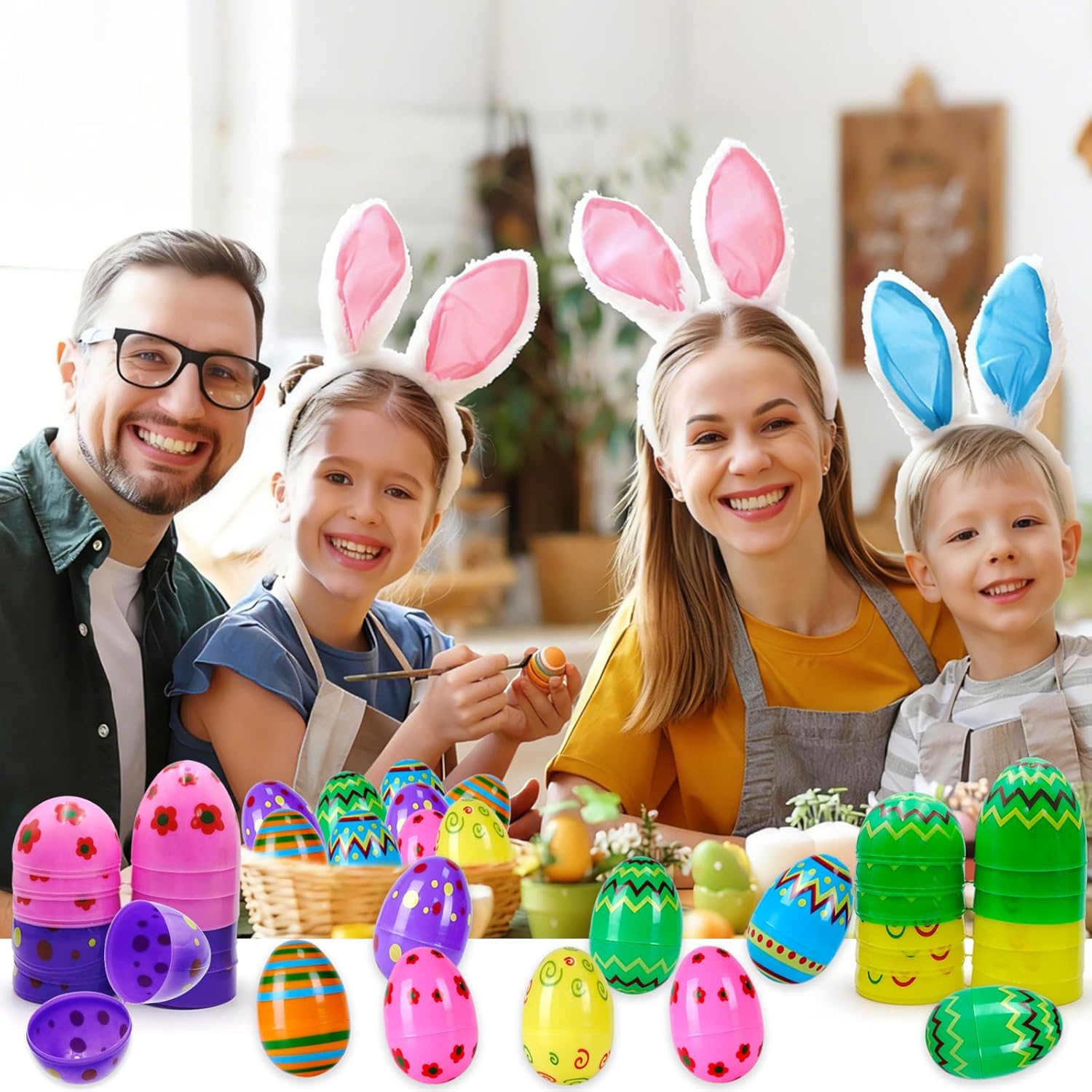 48 PCS 3" Large Printed Plastic Easter Eggs, Empty Fillable Bright Colorful Eggs Bulk for Easter Egg Hunt Filling Treats Basket Stuffers Easter Party Favors