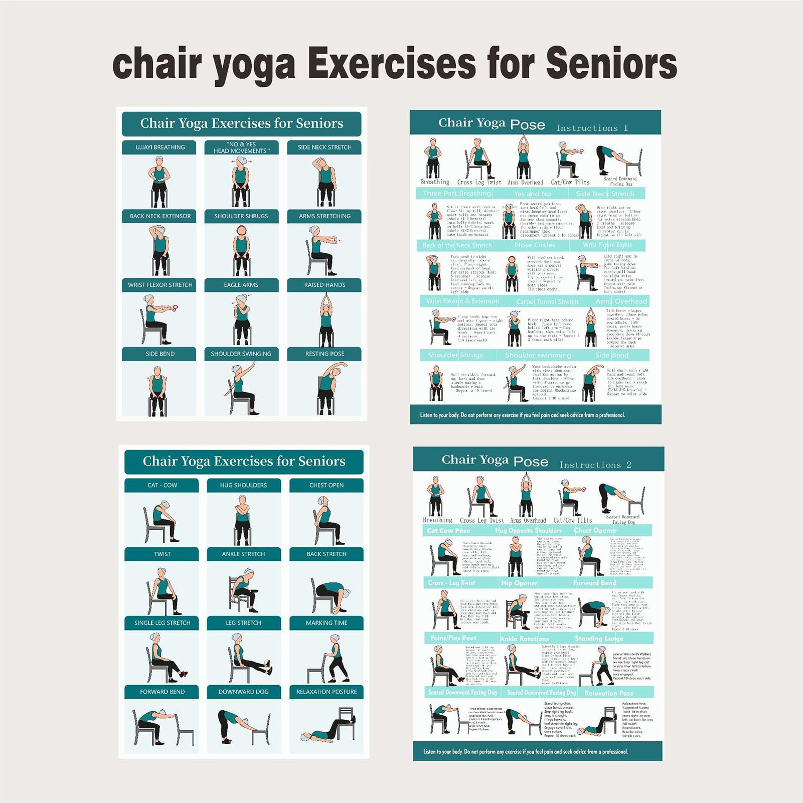Stuhl Yoga Poster, Stretching Pose Karten, Fitness Wandkunst mit 4 Stück, Übungsanleitung Display mit visuellen Anweisungen, Home Gym Dekor, für Anfänger, Frauen, Männer, Fitness, Flexibilität