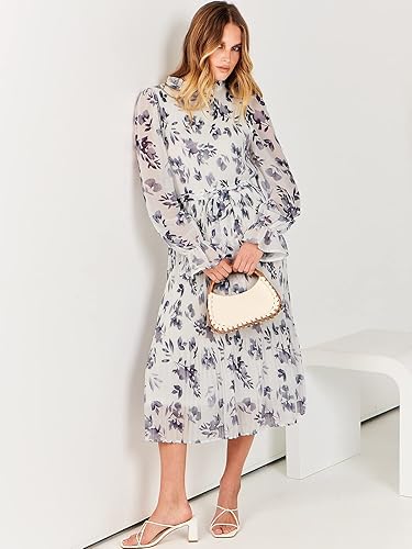 Vista 6 de ANRABESS Vestido Midi de Gasa Floral para Mujer con Manga Larga Abombada y Cuello Mock de Verano para Invitadas de Boda y Fiestas Vestidos Conjuntos