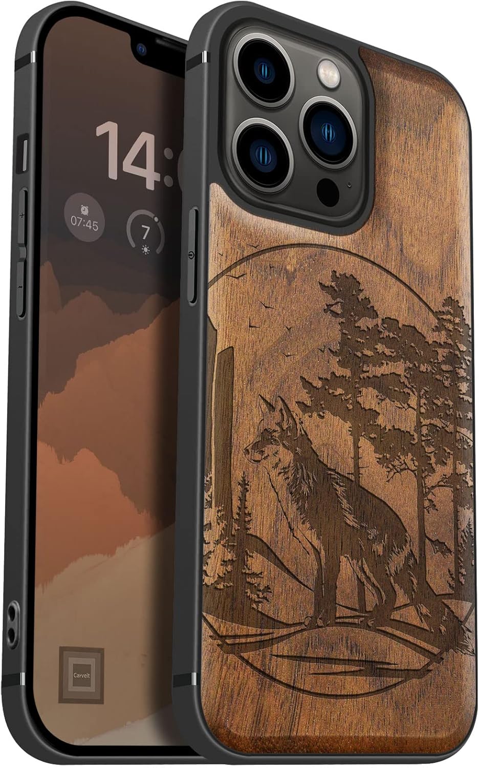 Carveit Magnetic Wood Case for iPhone 13 Pro Case [Natural Wood & Black Soft TPU] Unique & Classy Wooden Shockproof Protective Cover Compatible with magsafe (Fox and Woods -Blackwood)