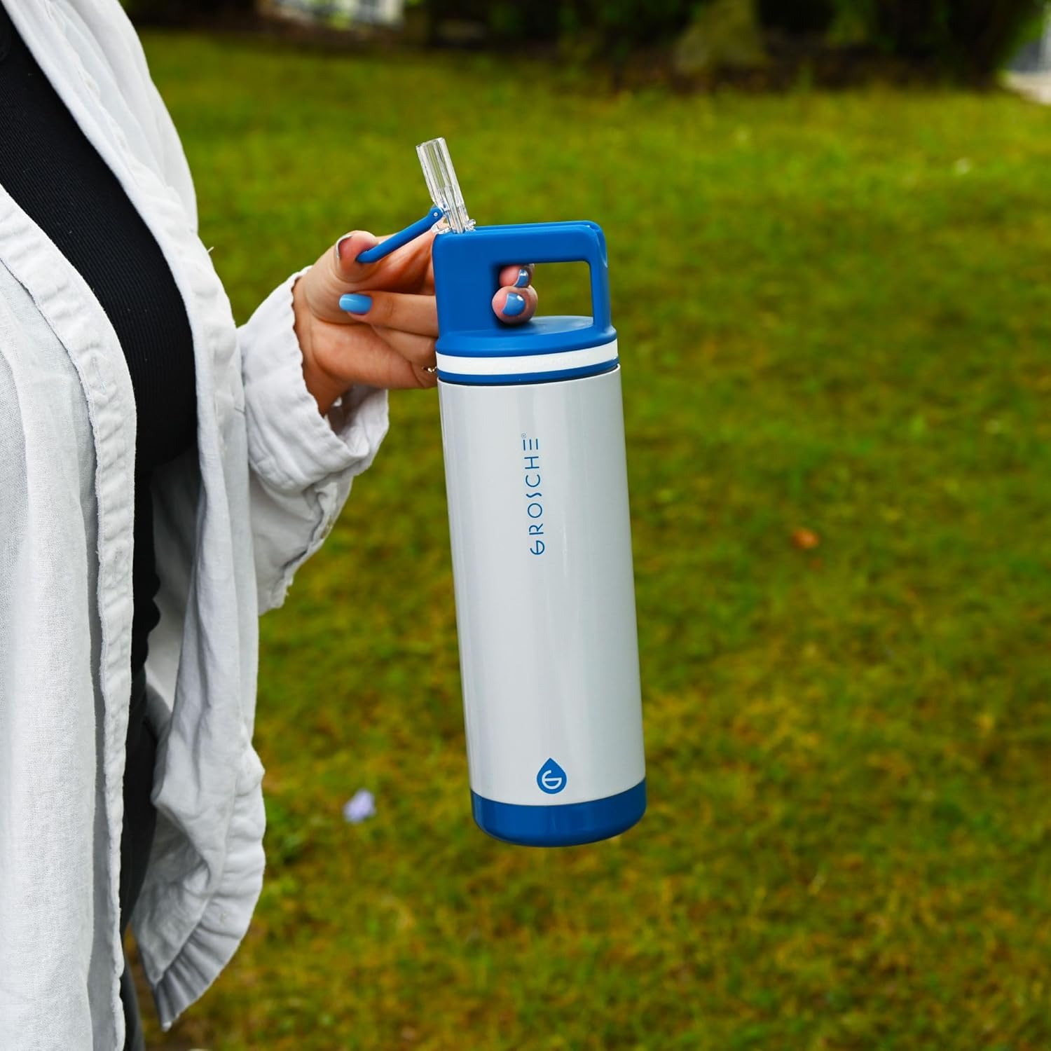 GROSCHE Alpine Shimmer Flip 'N Sip 20oz Insulated Water Bottle - Stainless Steel, Leakproof Flask with Straw, Perfect for Gym, Travel & Outdoor Use, Canadian Brand! - 20 fl. oz, Glacier White