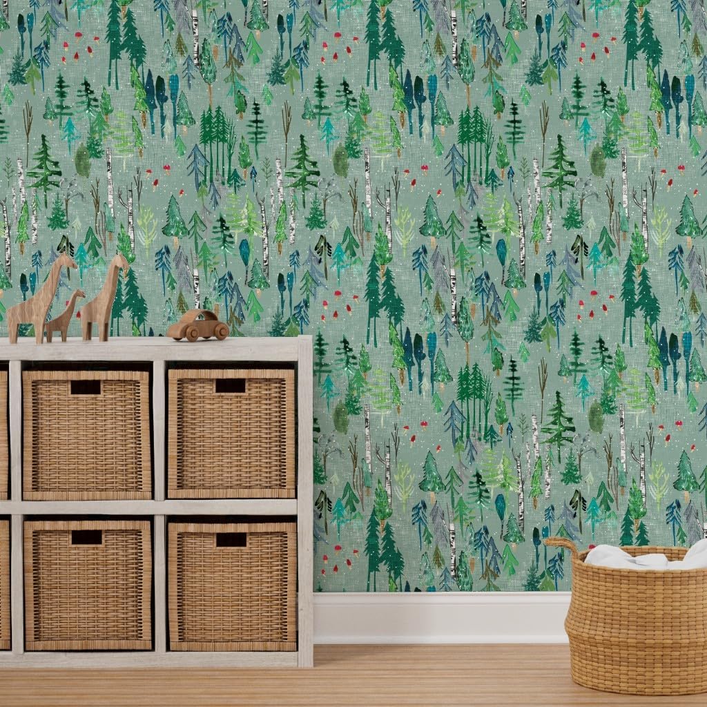 Peel & Stick Wallpaper 6ft x 2ft - Forest Sage Snow Mushroom Blue Woodland Pine Birch Trees Winter Christmas Custom Removable Wallpaper by Spoonflower