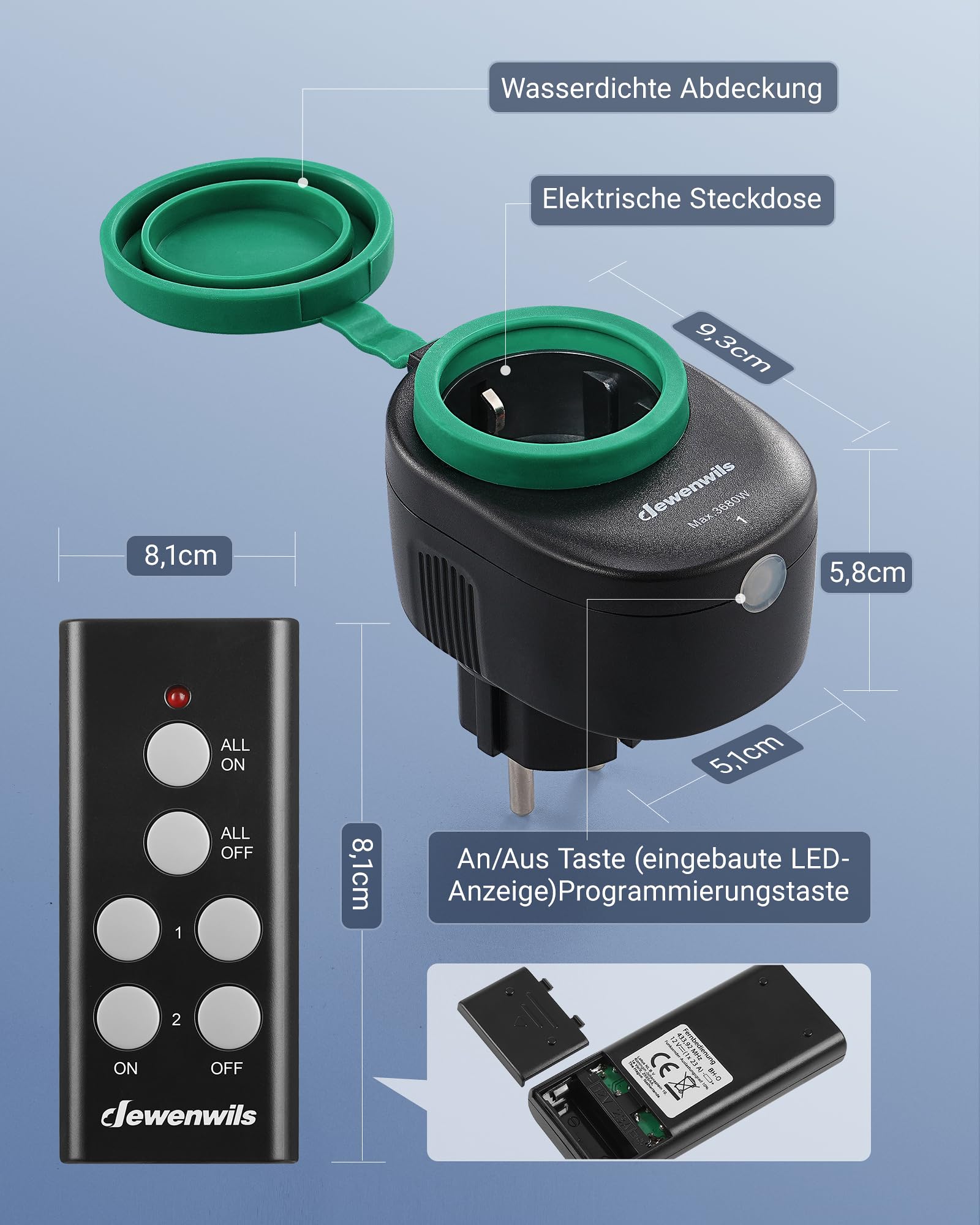 DEWENWILS Prese radio con telecomando esterno, 16 A, 3680 W, IP44, 2 prese, decorazione festiva, portata 30 m, programmabile, impermeabile