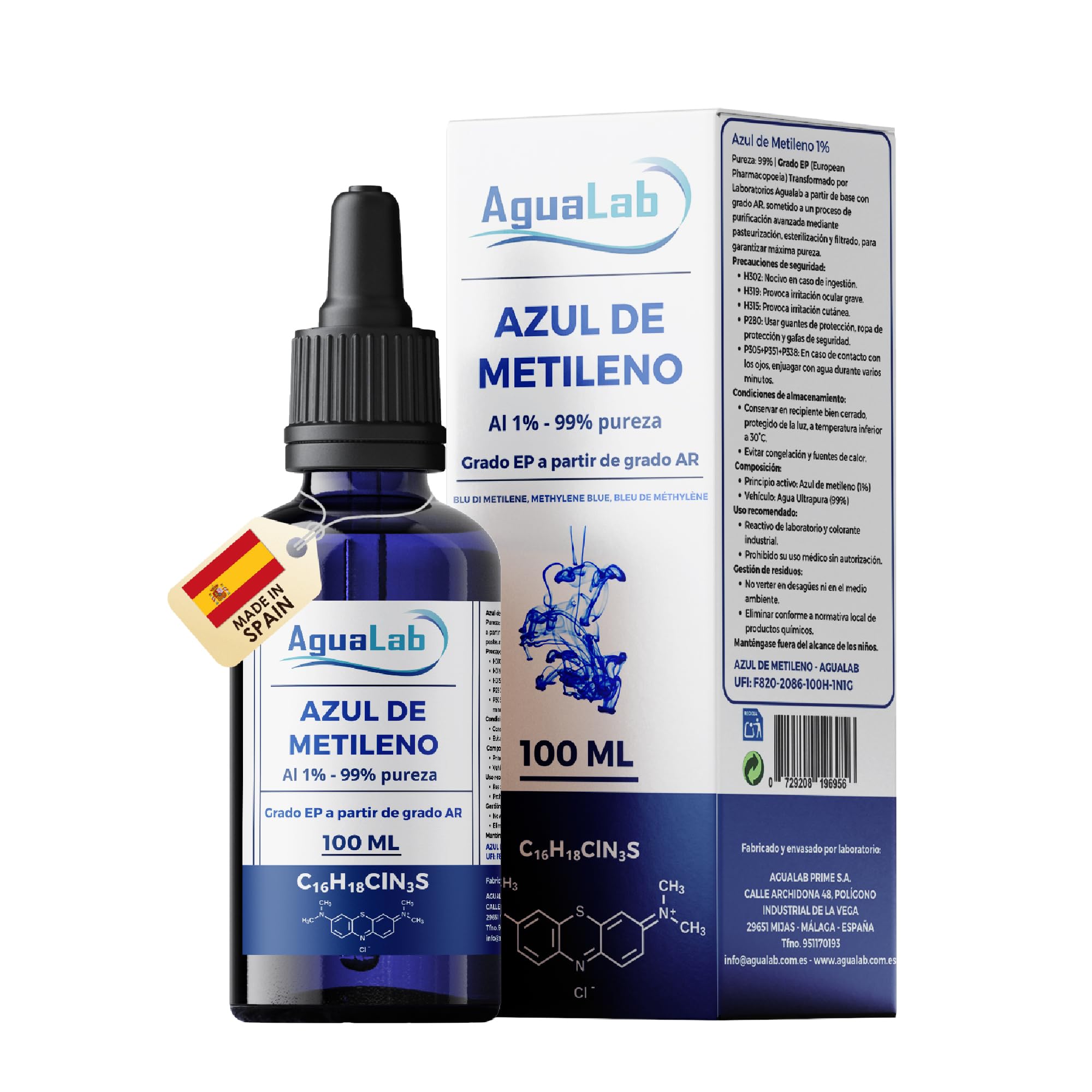 Agualab Azul de Metileno al 1% | Solución Grado EP 100 ml, Alta Pureza 99% para Laboratorio | Frasco de Vidrio Ámbar con Dosificador | Uso Técnico Profesional