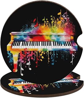 2PCS Car Coasters Colorful Piano Keyboard Music Note Car Cup Coaster Universal Automotive Waterproof Non-Slip Cups Holders Sift-Proof Spill Holder with Cork Base Cars Interior Accessories
