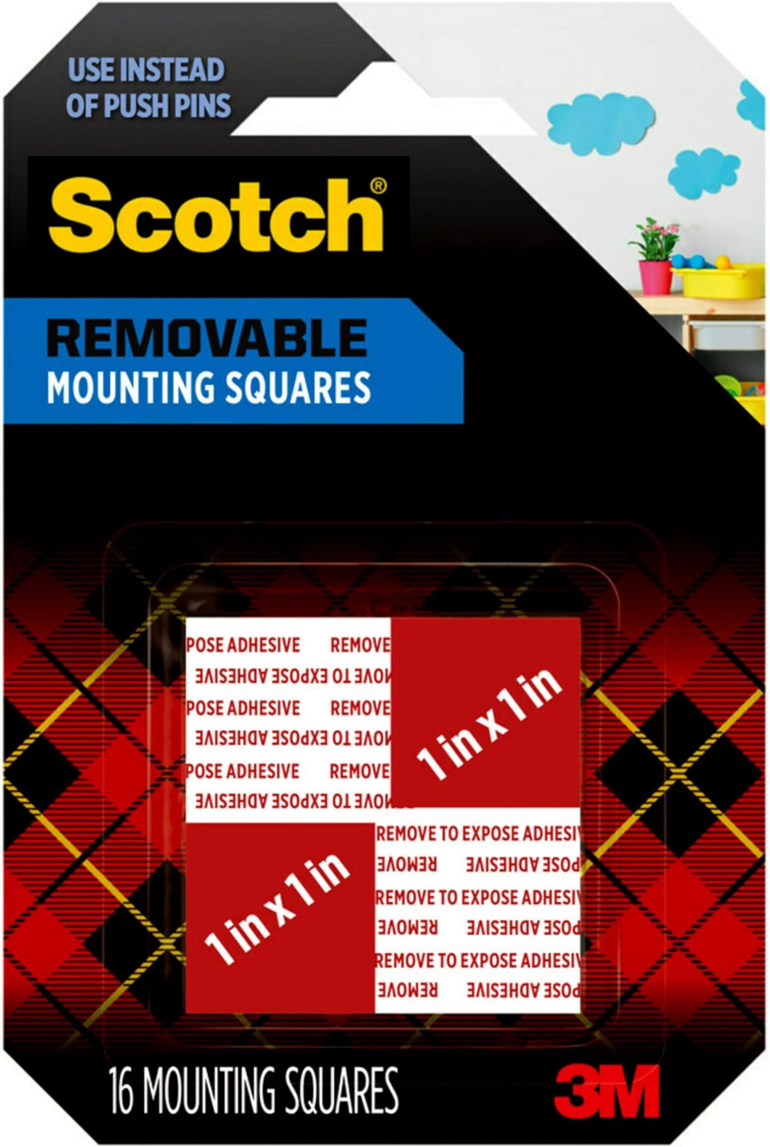 Scotch Mount Removable Squares 1 in x 1 in (25.4mm x 25.4mm), 16 Squares/pack | 4 squares Hold up to 0.45 kg | Transparent color | Multi-Surface | Easy to use | No Tools | Double Sided Adhesive Tape