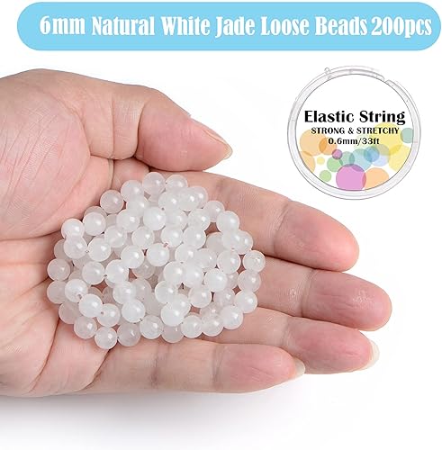 Miniatura 2 de 200 cuentas redondas sueltas de jade blanco natural de 0.73 pulgadas para hacer joyas con cordón elástico de cristal