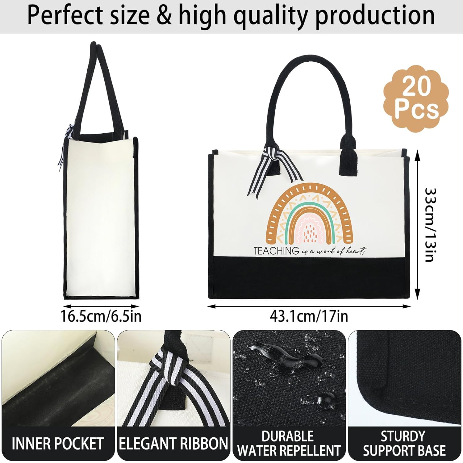 Sweetude 20 Pack Teacher Appreciation Gift Bulk Christmas Gifts Teachers Day Gifts Rainbow Canvas Tote Beach Bag for Women(Classic)