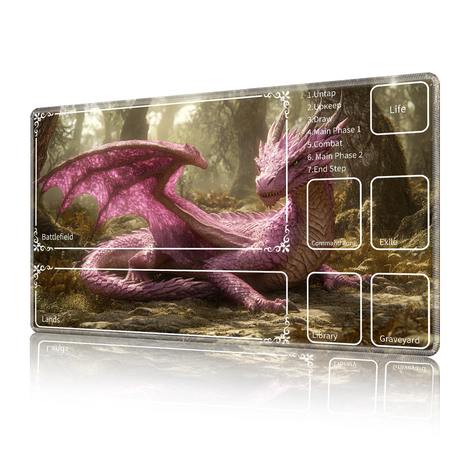 XPMPDYID for MTG Playmat with Zone Non-Slip Backing & Stitched Edges, Smooth Surface Card Playmat for TCG, Playing Card Mat Includes Storage Bag, Pink Dragon Game Mat for Magic Board Games