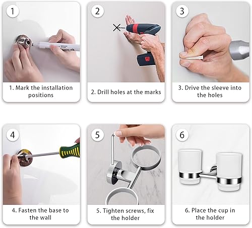Miniatura 6 de Soporte doble para cepillos de dientes, soporte de vaso de vidrio montado en la pared con vidrio esmerilado, organizador de pasta de dientes para