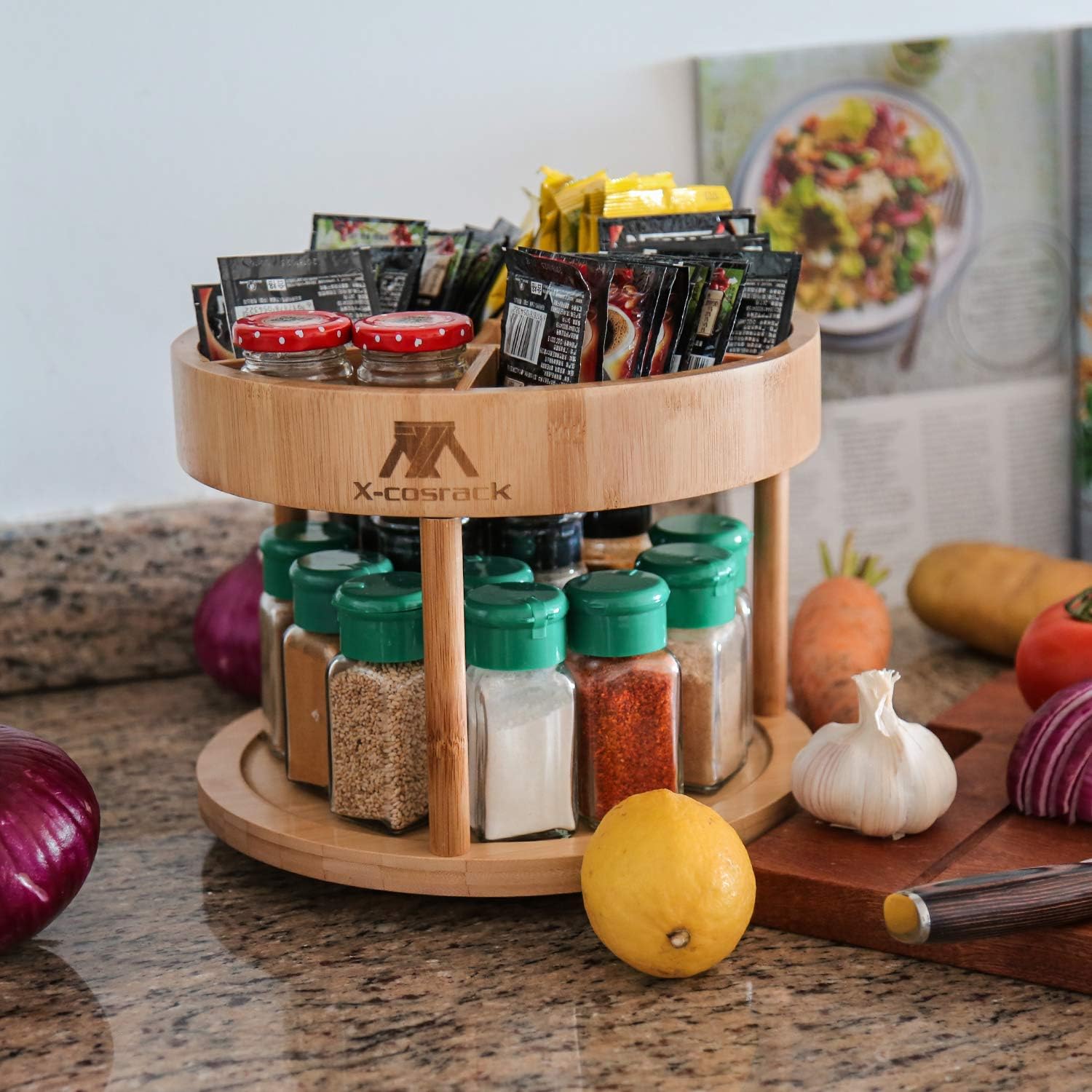 X-cosrack 2-tier Lazy Susan Divided Turntable 10inch Bamboo Spinning Spice Rack Holder Kitchen Cabinet Counter Top Organizer Storage Container Rotating Tray 6 DIY Partition Board 360 Degree