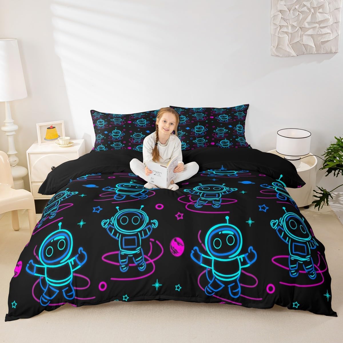 Cute Robot Duvet Cover Set Toddler Size,Neon Stars Planets Galaxy Outer Space Bedding Set,Boys Girls Room Decor,Gaming Intelligent Machine Comforter Cover,Black Quilt Cover,1 Pillowcase(No Filler) image 2