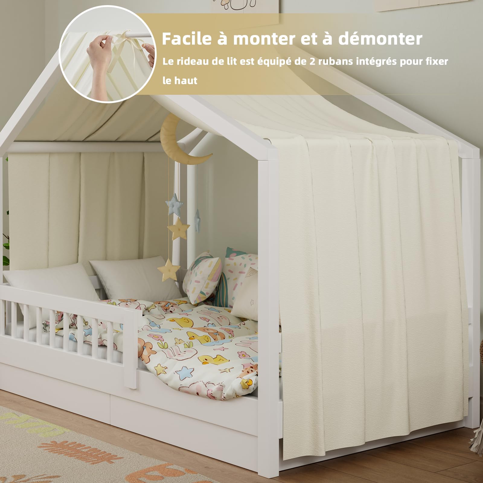 Lit Cabane Enfant, Ciel de Lit Cabane avec 1 Pièces Rideaux, Baldaquin Ciel en Tissu Doux Respirant, Ensemble de Décoration pour Chambre Fille Garçon (Beige, 145x360cm)