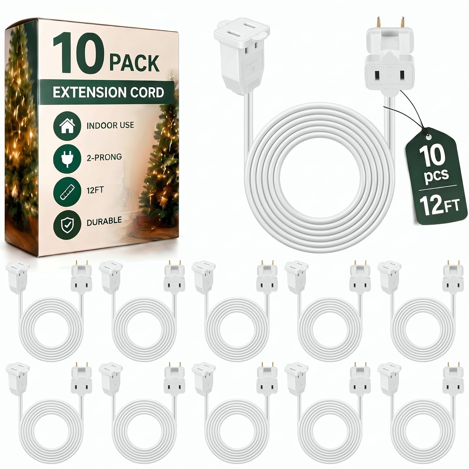 Kanayu 10 Pack White 12 ft Indoor Extension Cord 2 Prong Electric Cord Extender, Wire Plug in and End, Ac 120 Volts, for Outdoor Christmas Connect or Extend