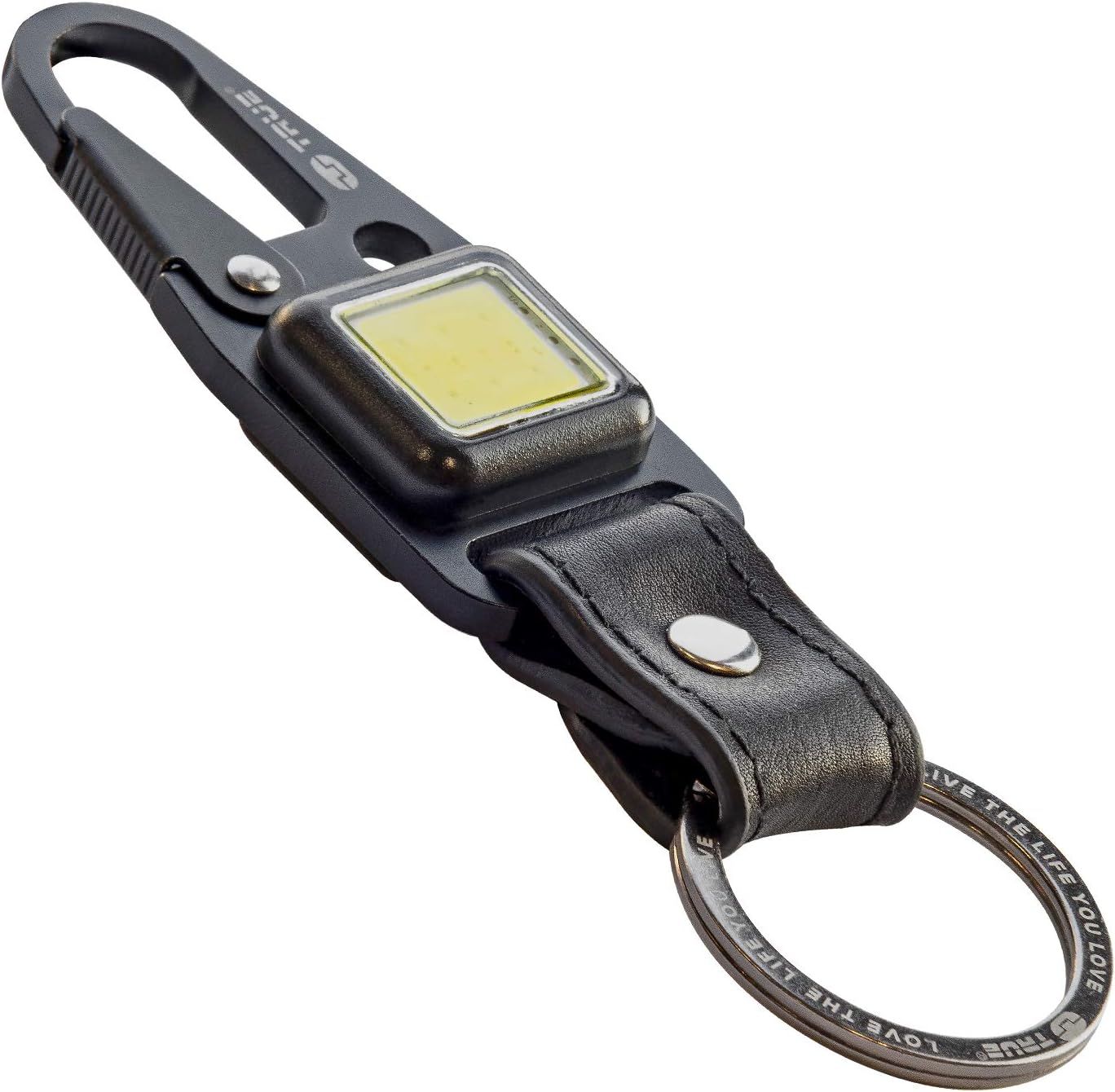 True Utility TU918 Cliplite, Rechargeable Light with Keyring Clip, Four Light Modes, Cowhide Leather, Titanium Coated Stainless Steel, One Size, Black, 11 cm