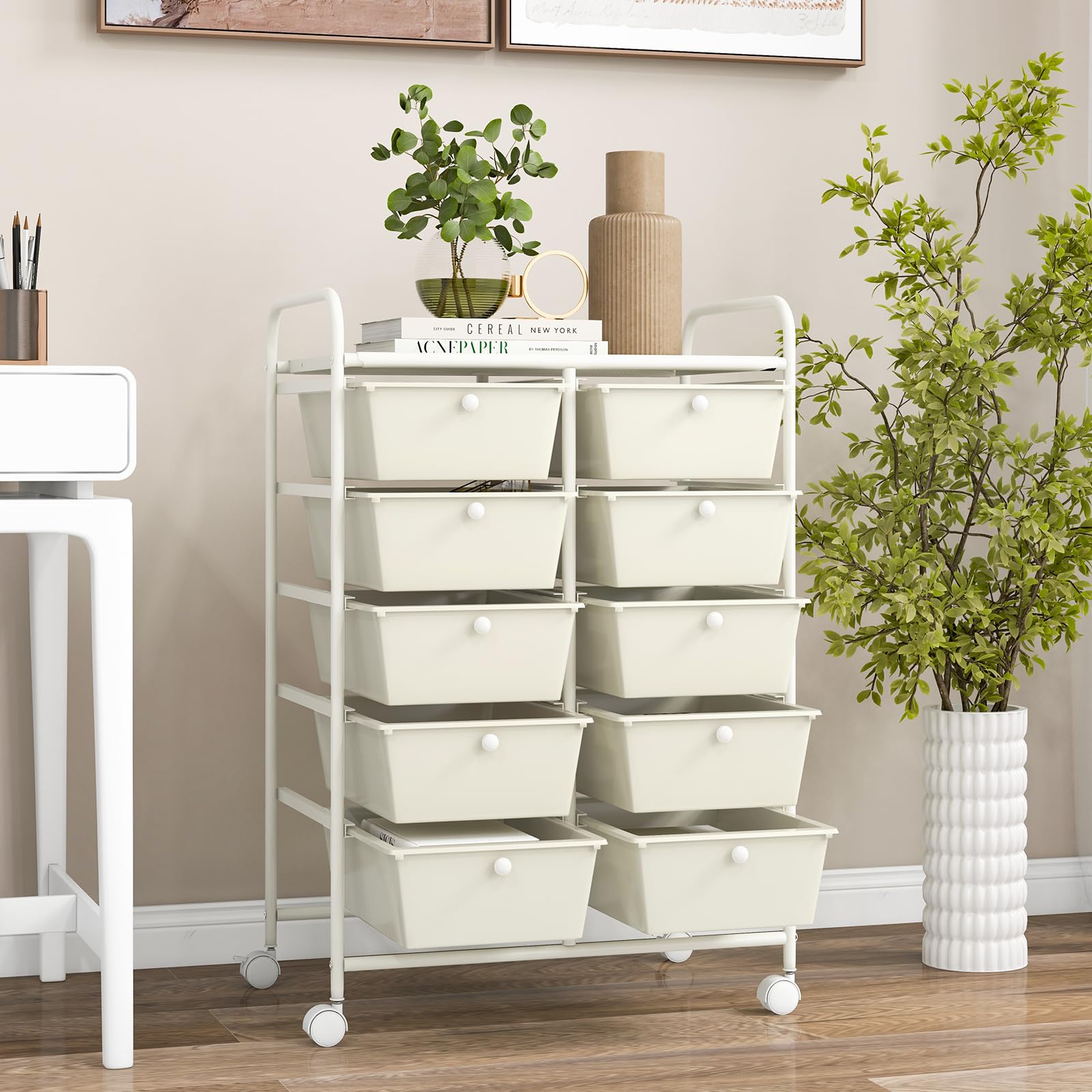 COSTWAY Carrello a 10 Cassetti con Ruote, di Stoccaggio con Stabilità Elevata, Multiuso per Casa Ufficio e Scuola, 65,5 x 37 x 87 cm (Bianco)
