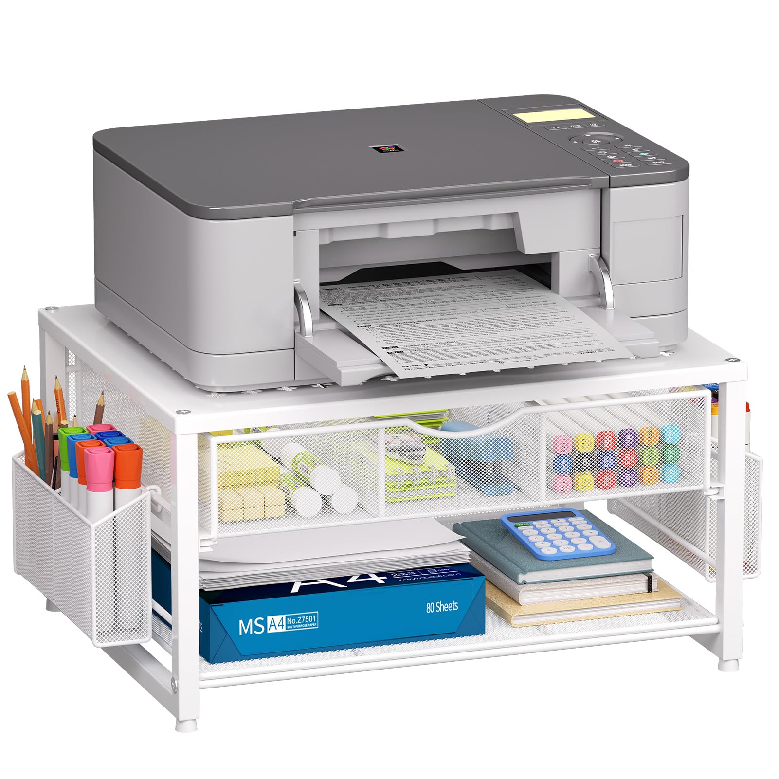 Marbrasse Metal Printer Stand for Desk with Storage Drawer and 2 Pen Holders, 2-Tier Desktop Organizer Printer Table for Home Office, Multi-Purpose