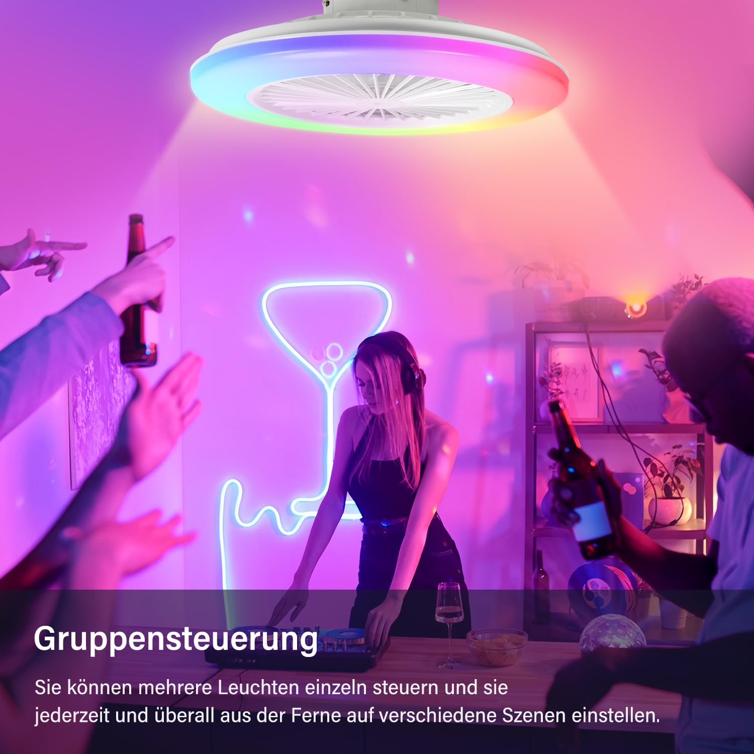 Lospitch Deckenventilator mit Beleuchtung, Ø49cm Smart RGB LED Fan Licht mit Fernbedienung, LED Umkehrbar Deckenventilator mit Licht, Timer und 3 Farbtemperatur und 6 Geschwindigkeiten