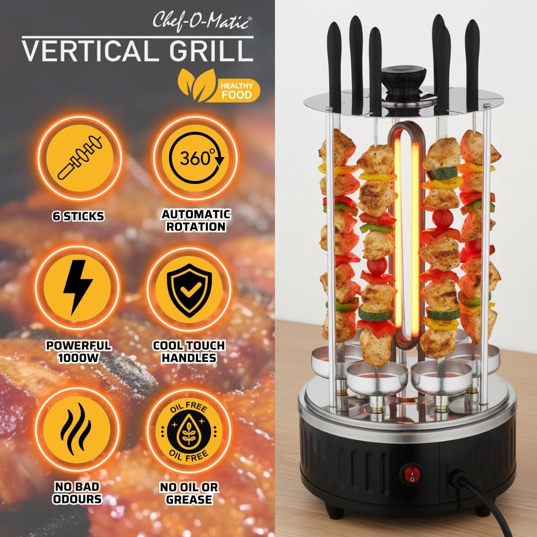 Vertical Gril, Rôtissoire verticalee, 1000w, capacité pour 6 brochettes. Rotation automatique à 360º, facile à nettoyer, Barbecue, Four électrique, brochettes, Kebab