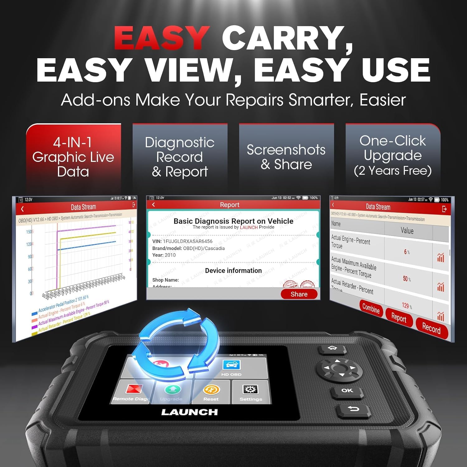 LAUNCH CRP129 HD - Herramienta de diagnóstico para camiones de alta resistencia, sistema completo de diagnóstico diésel con 7 reinicios, restablecimiento y restablecimiento de DPF, ajuste de límite de
