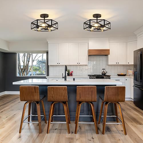 Miniatura 6 de Lámpara de techo semiempotrada negra, para pasillo de granja, 3 luces industriales cerca de techo con jaula hexagonal de metal para cocina, pasillo,