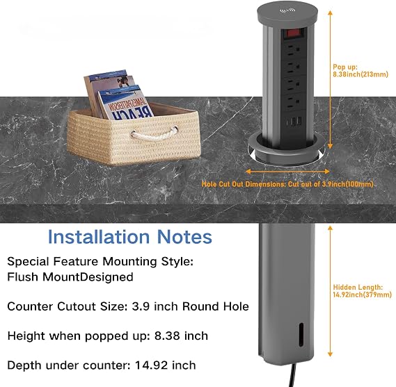 Pop up Outlet for countertop 4.72in Desk Grommet Power Station PD20W USB C 4 Outlets 3 USB Ports 1 Wireless charger 15A Outlets Fast charging Space Saver Outlet for Kitchen Office 6ft Cord