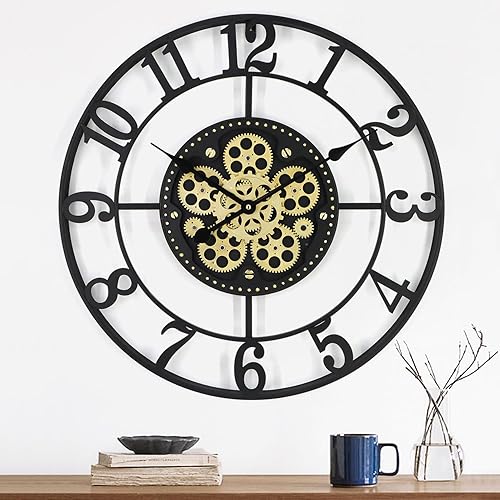 Miniatura 1 de Relojes de pared grandes de 24 pulgadas para decoración de sala de estar con engranajes móviles, reloj de pared grande industrial Steampunk, relojes