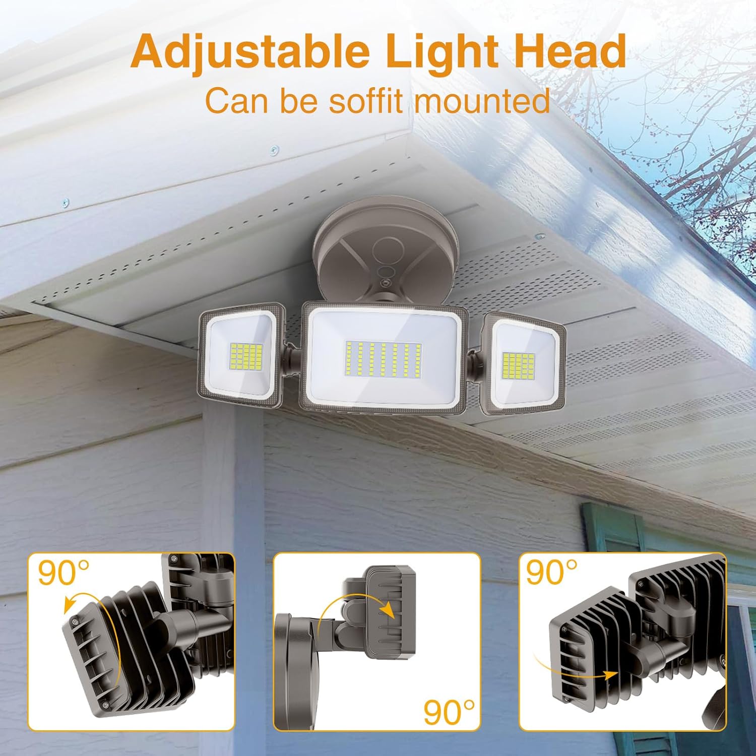 Floodlight with adjustable heads mounted on a soffit
