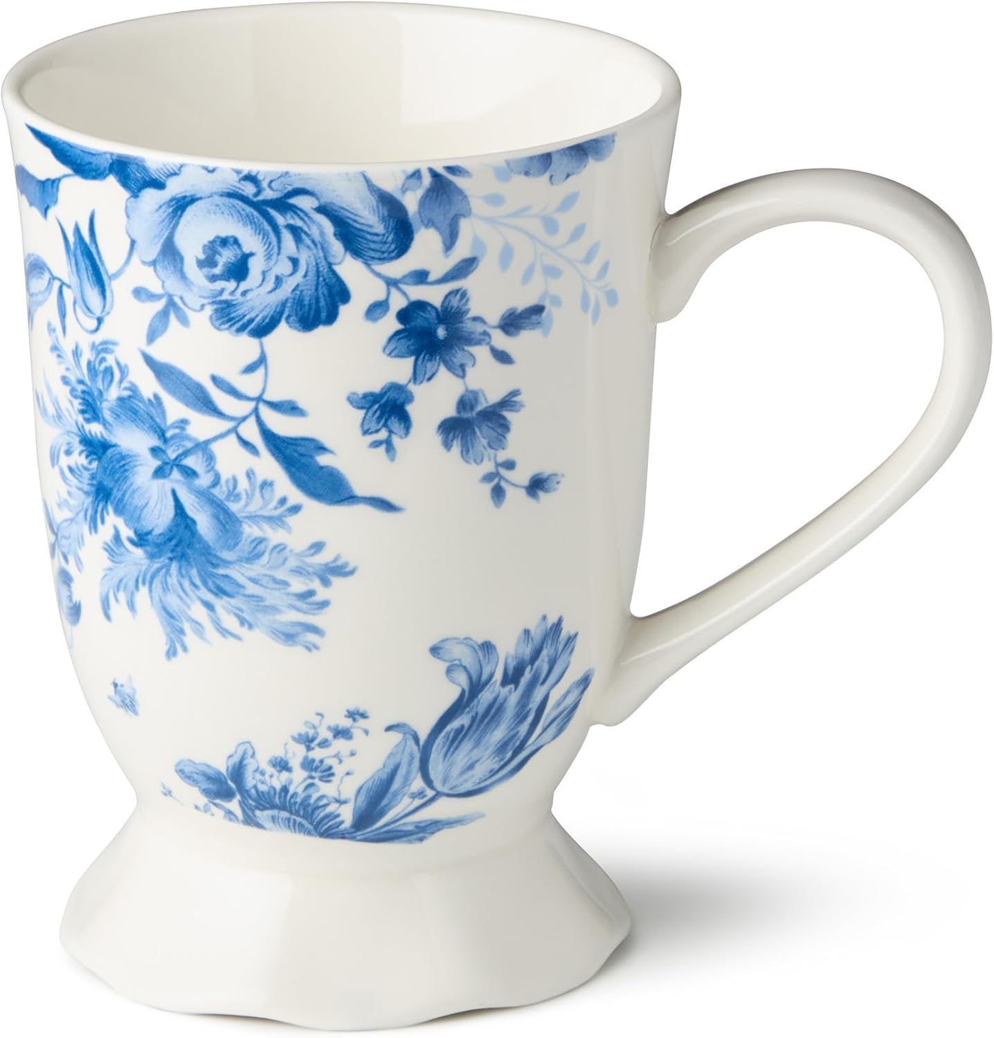 Gabrielle Blue Porcelain MUGS,SET of 6, 14 oz assorted scalloped floral toile mugs, classic blue and white drinkware for coffee, tea, cocoa, brunch and timeless everyday kitchen styling