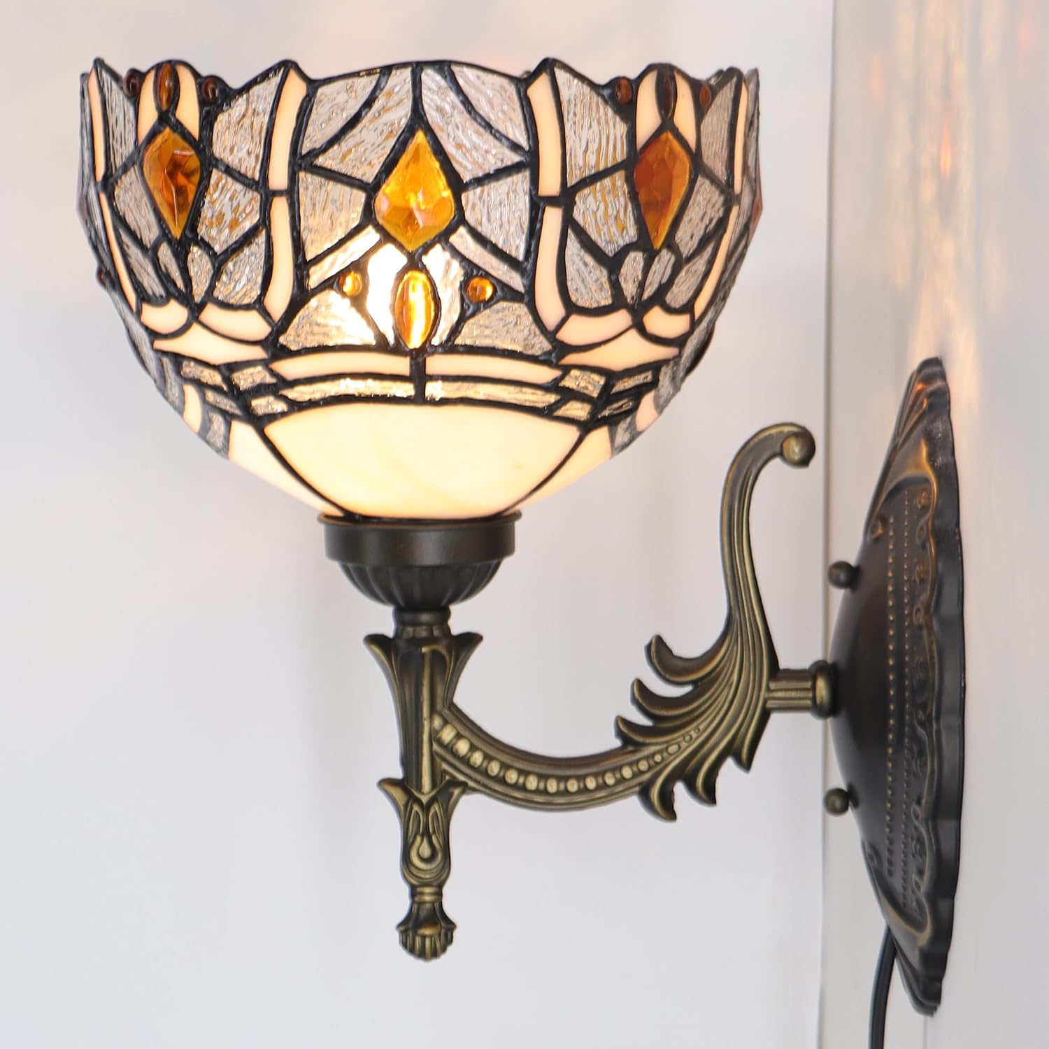 Stained Glass Wall Sconce Lamp Plug in with 8 inch Stained Glass Lampshade 8X10.5X11 Inch Stained Glass Wall Lamp (Crystal Style)