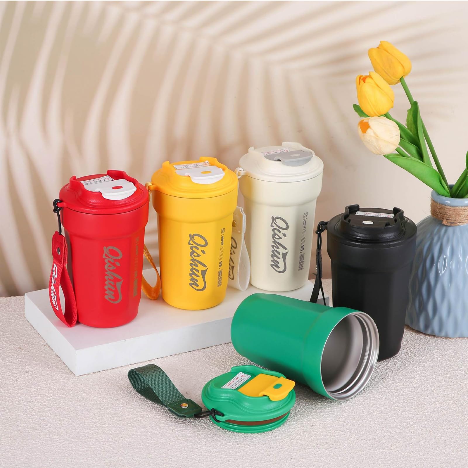 Taza de viaje de acero inoxidable de 450 ml, a prueba de fugas y reutilizable, con tapa fácil de limpiar, sin BPA, para coche, picnic, oficina y escuela, aislamiento térmico