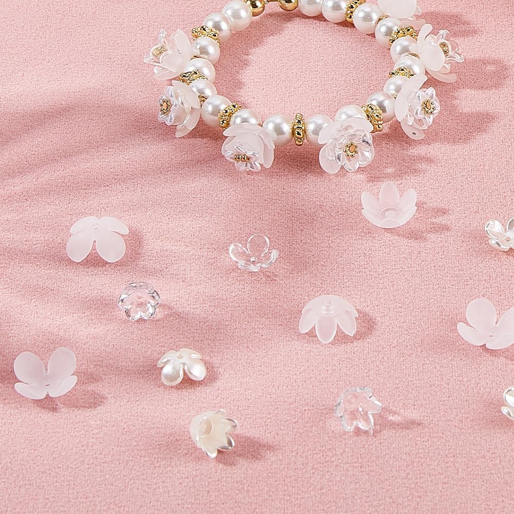 SUNNYCLUE 600Pcs 10 Styles Acrylic Floral Beads Flower Bead Caps Bulk White Frosted Clear Assorted Spring Flowers Shaped Loose End Spacers for Jewelry Making Bracelets Necklaces DIY Craft Supplies - Image 4