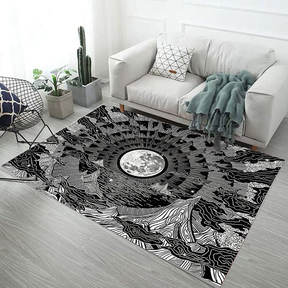 Moon Mountain Area Rugs Black and White Carpets for Bedroom, Psychedelic Clouds Tree Aesthetic Rugs Trippy Star Night Sky mats for Room Dorm Decor