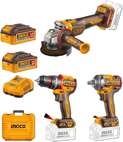 INGCO 20V Brushless 3‑Tool Combo Kit: Grinder, Impact Drill, Wrench, 4.0Ah