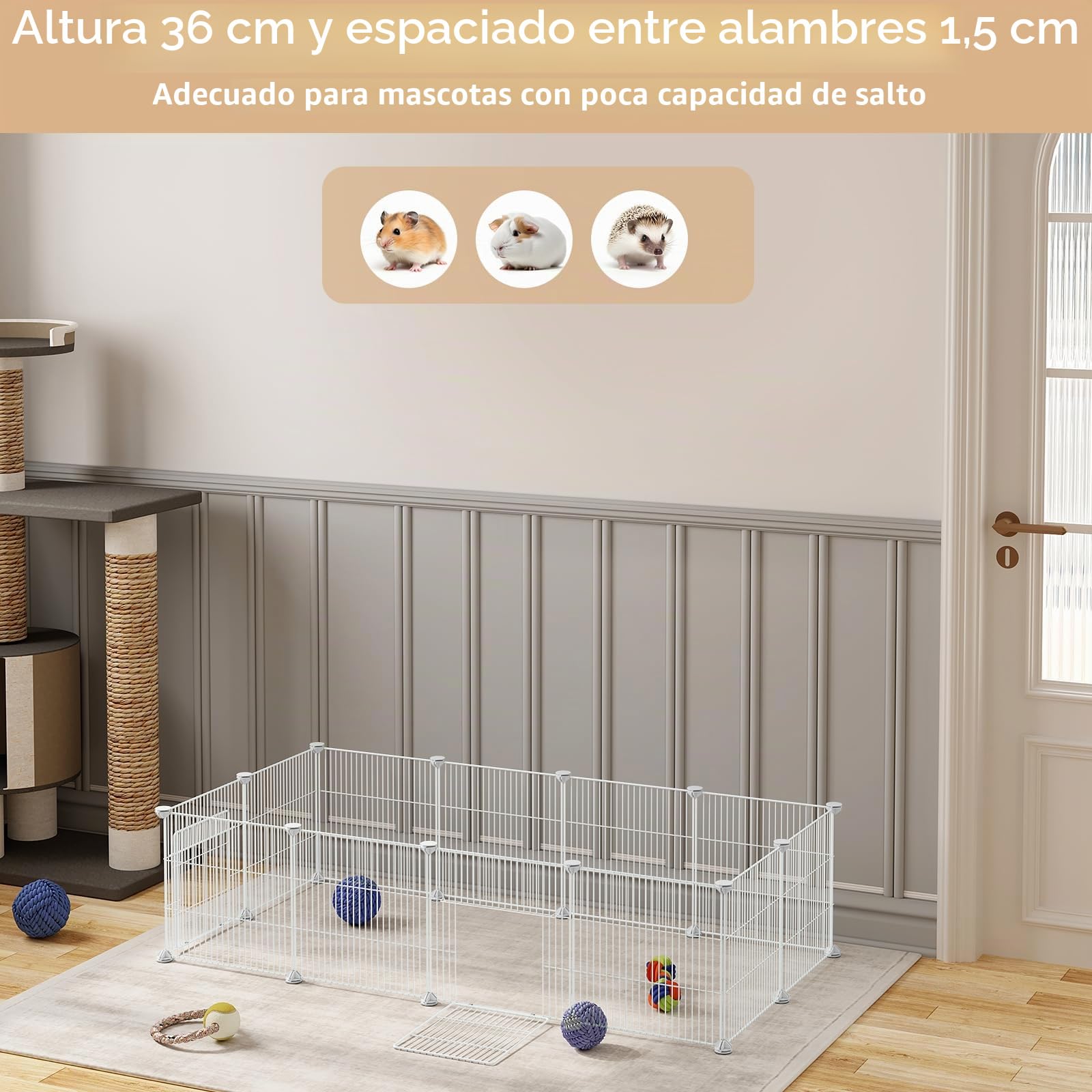EUGAD Jaula para Animales Pequeños, DIY 24 Paneles Valla Metálica Modulare con Puerta, Blanco Parque para Conejos Vallas para Conejos Jaula para Mascotas Hámster Gatito Cachorros 142x72x72 cm