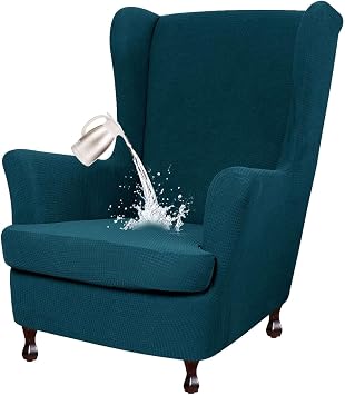 Wing Back Chair Covers with Arms Waterproof, Lazy Boy Wingback Recliner Chair Covers Slipcovers 2 Piece, Cat Proof Chair Covers Anti Scratch Dark Blue
