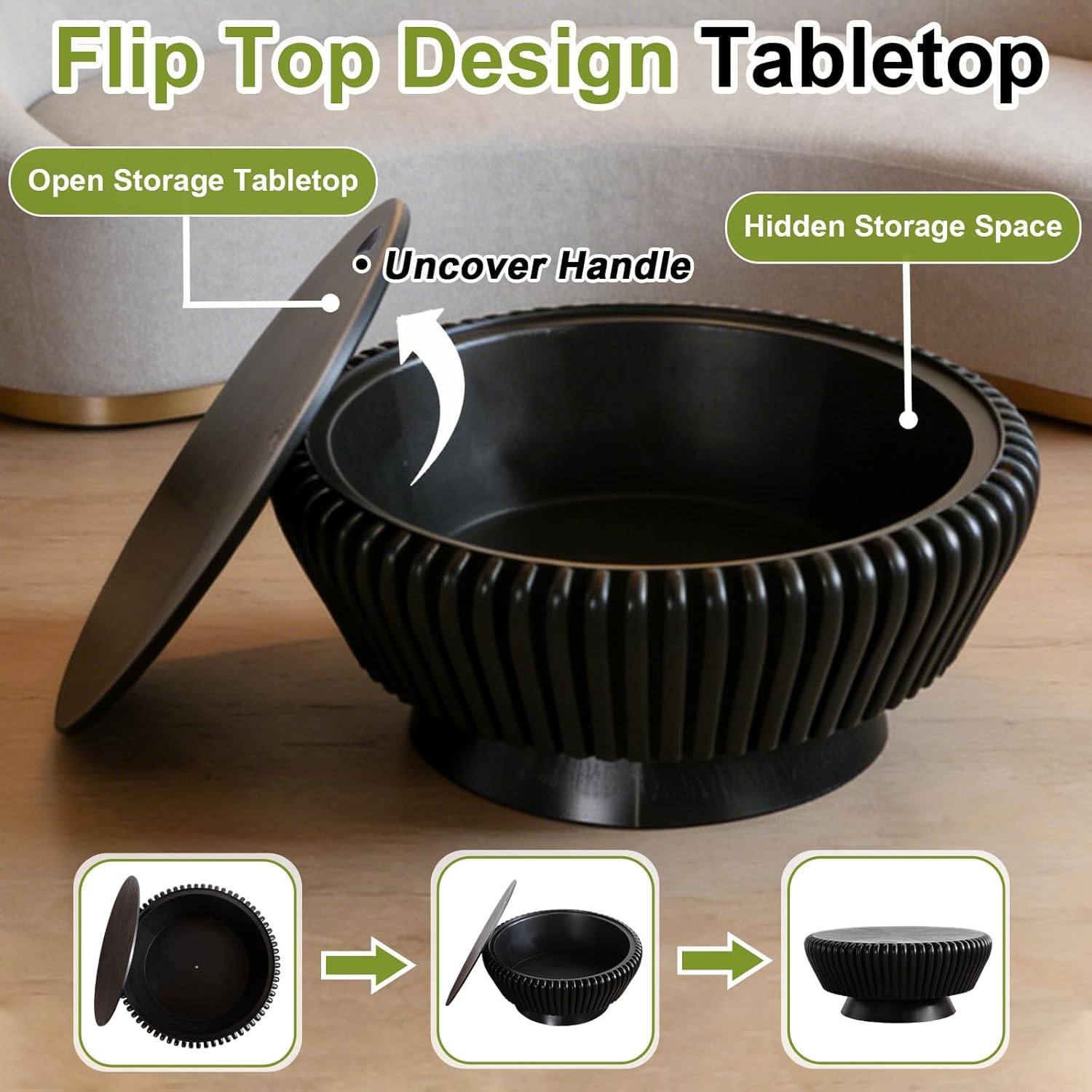 Round Coffee Table with Storage, 35 inch Round Wood Fluted Coffee Table with Storage, Mid Century Modern Low Circle Drum Coffee Tables for Living Room (Black A, 35")