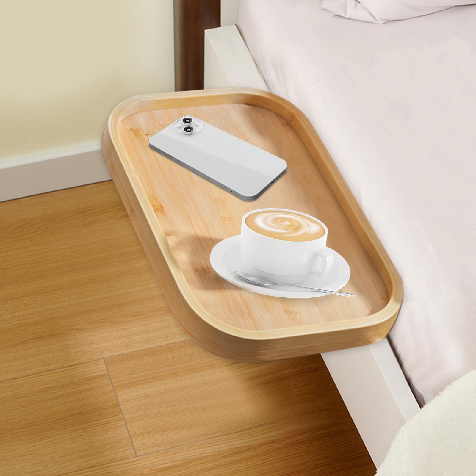 Hängendes Nachttisch Regal, Bettablage mit Holz Nachttisch Tray zum Anklemmen, Organizer für Mobiltelefon, Fernbedienung, Wasserbecher (Holzfarbe)