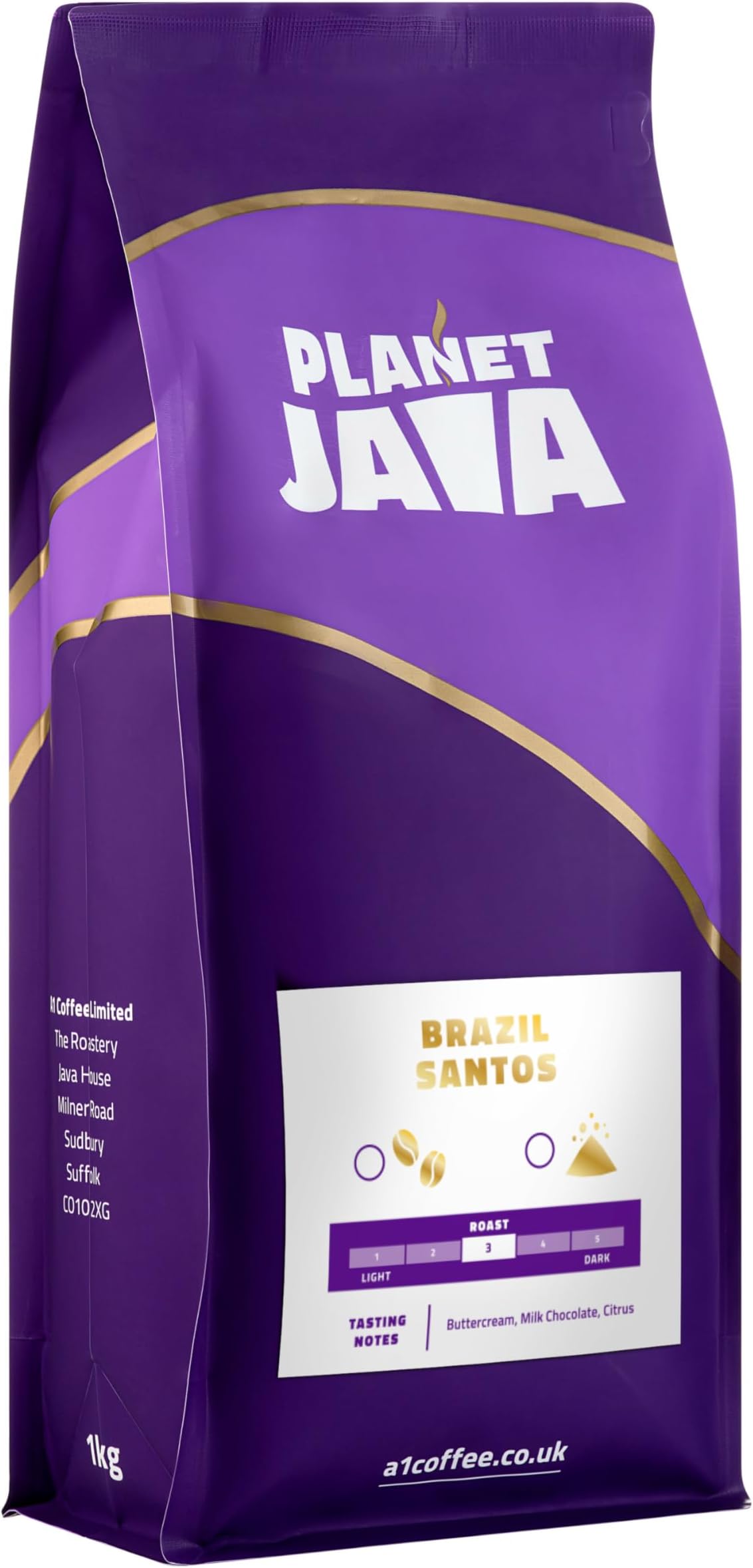 Planet Java Brazilian Santos Coffee Beans 1kg, 100% Arabica Medium Roast, Small Batch Hand Roasted In The UK, Resealable Bag