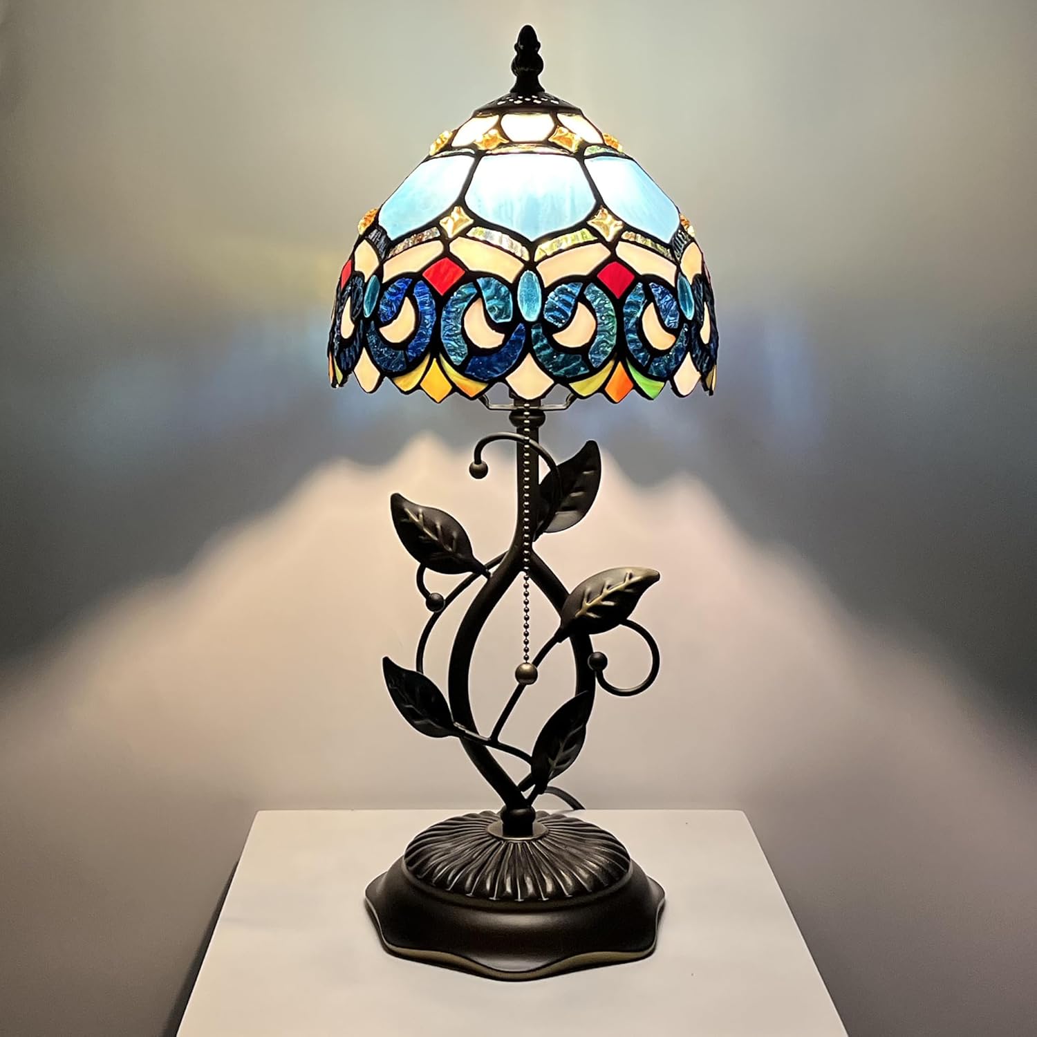 Small Tiffany Lamp Sea Blue Jewelry Baroque Style Stained Glass Table Lamps Desk Bedside Reading Light 8X8X18 Inches with Bronze Metal Leaf Resin Base