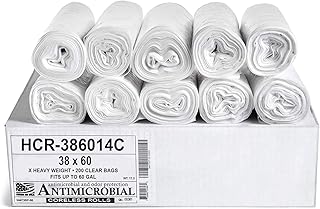 Aluf Plastics High Density Trash Bags, 60 Gallon, 200 Count, 14 Micron (eq), 38" x 60", Clear, for Bathroom, Office, Industrial, Commercial, Janitorial, Municipal, Recycling