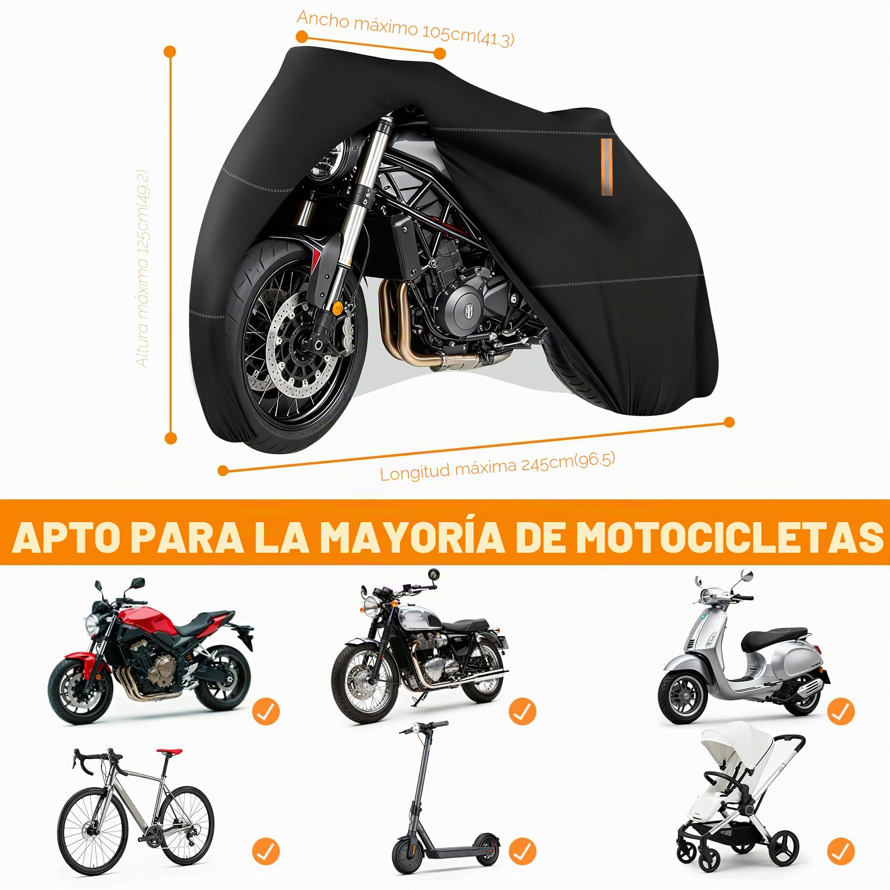 Funda para Moto Scooter, Cubierta de Moto Impermeable Protección Outdoor&Indoor, Funda Motocicleta Bicicletas a Prueba de Sol Lluvia Polvo Viento Nieve Excremento de Pájaro, XXL, 245x105x125cm