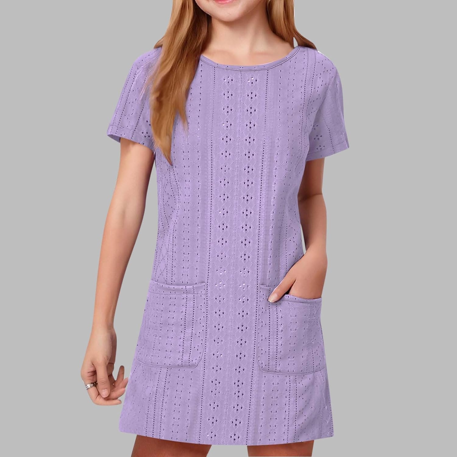 Girls Short Sleeve Eyelet Dresses Crew Neck Mini Shift Dress with Pockets Summer Beach Vacation Casual Dress - Image 2