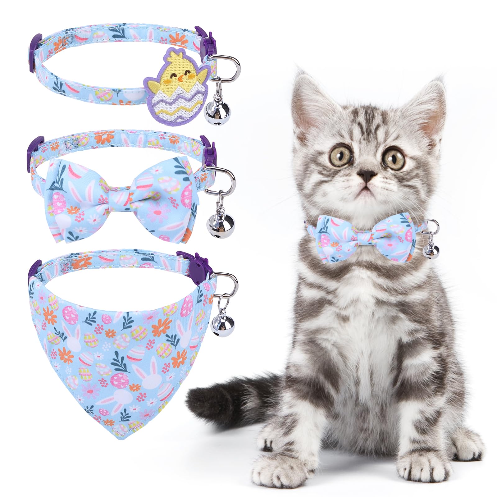 KOOLTAILBreakaway Cat Collar with Bell for Easter- 3 Pack Bowtie Cat Collars Bandana with Safety Buckle Adjustable Size for Kitten Cats Puppy Bell Decoration
