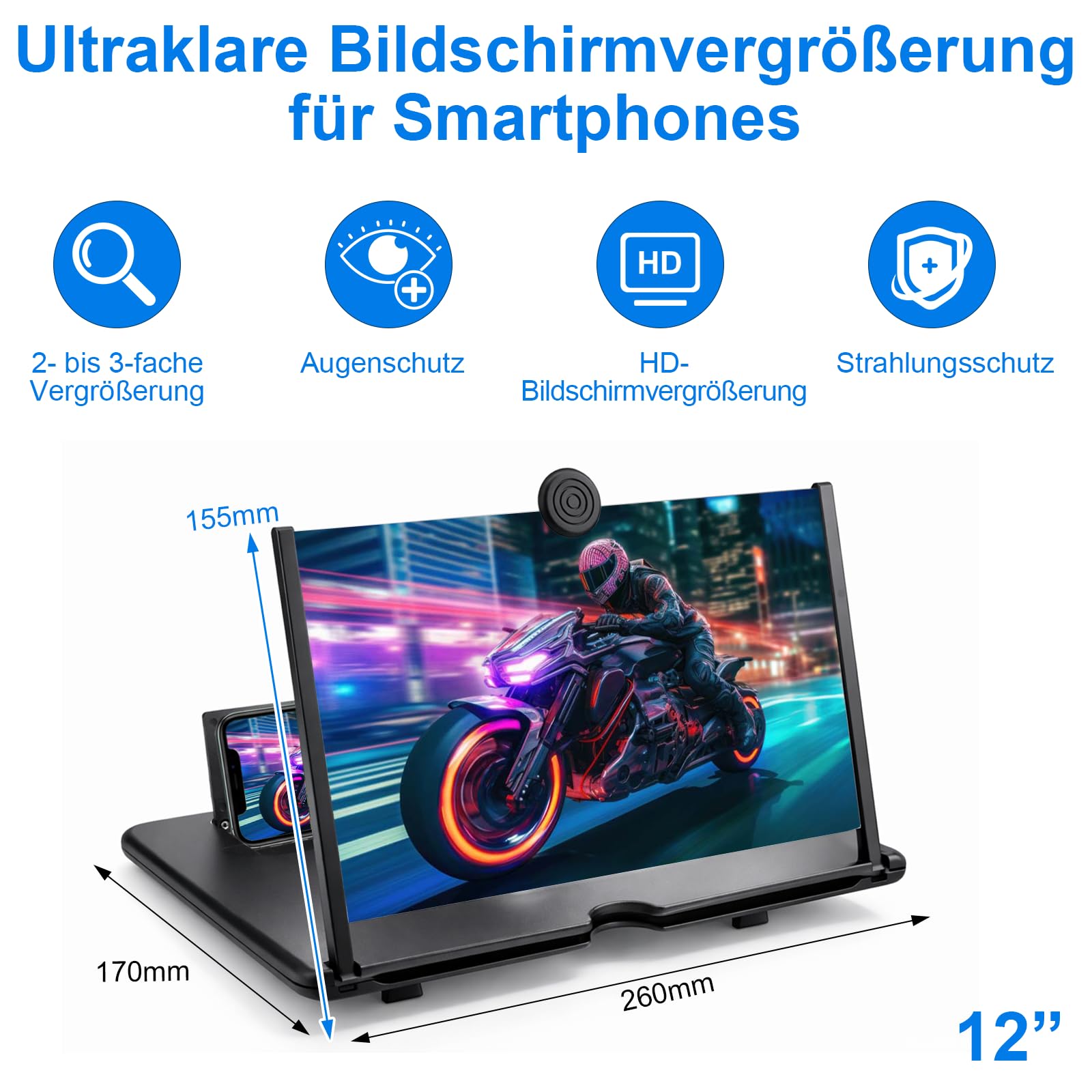 Bildschirmlupe für Handy 12 Zoll, Handy vergrößerungs Bildschirm, HD Handy bildschirmlupe mit Ständer, Anti-blaulicht Bildschirmlupe für Filme und Spiele, Geschenk für ältere Menschen und Kinder